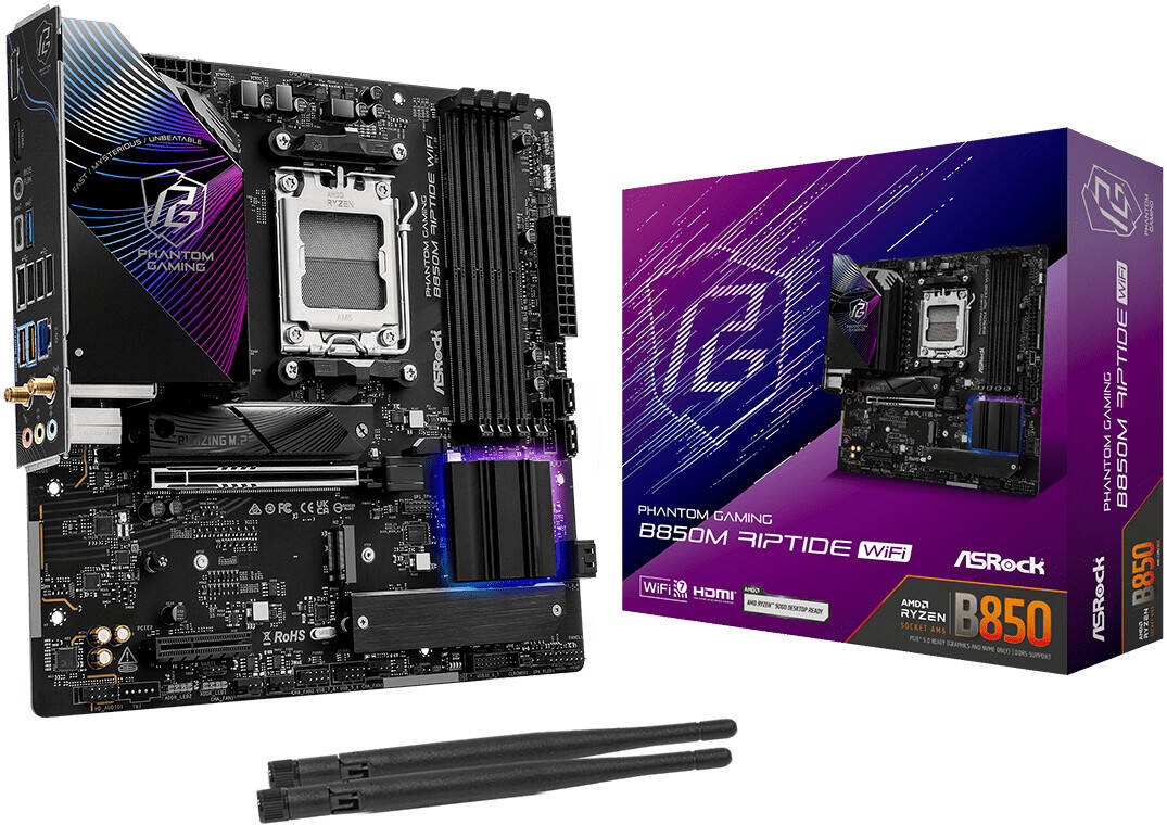 1 ASRock B850M Riptide WiFi AM5 ATX Motherboard, AMD B850 Chipset, 4x DDR5 DIMM Slots, 256GB Max Memory, 1x PCIe 5.0 x16 Slot, 3x M.2 Slots, Black - Image 1