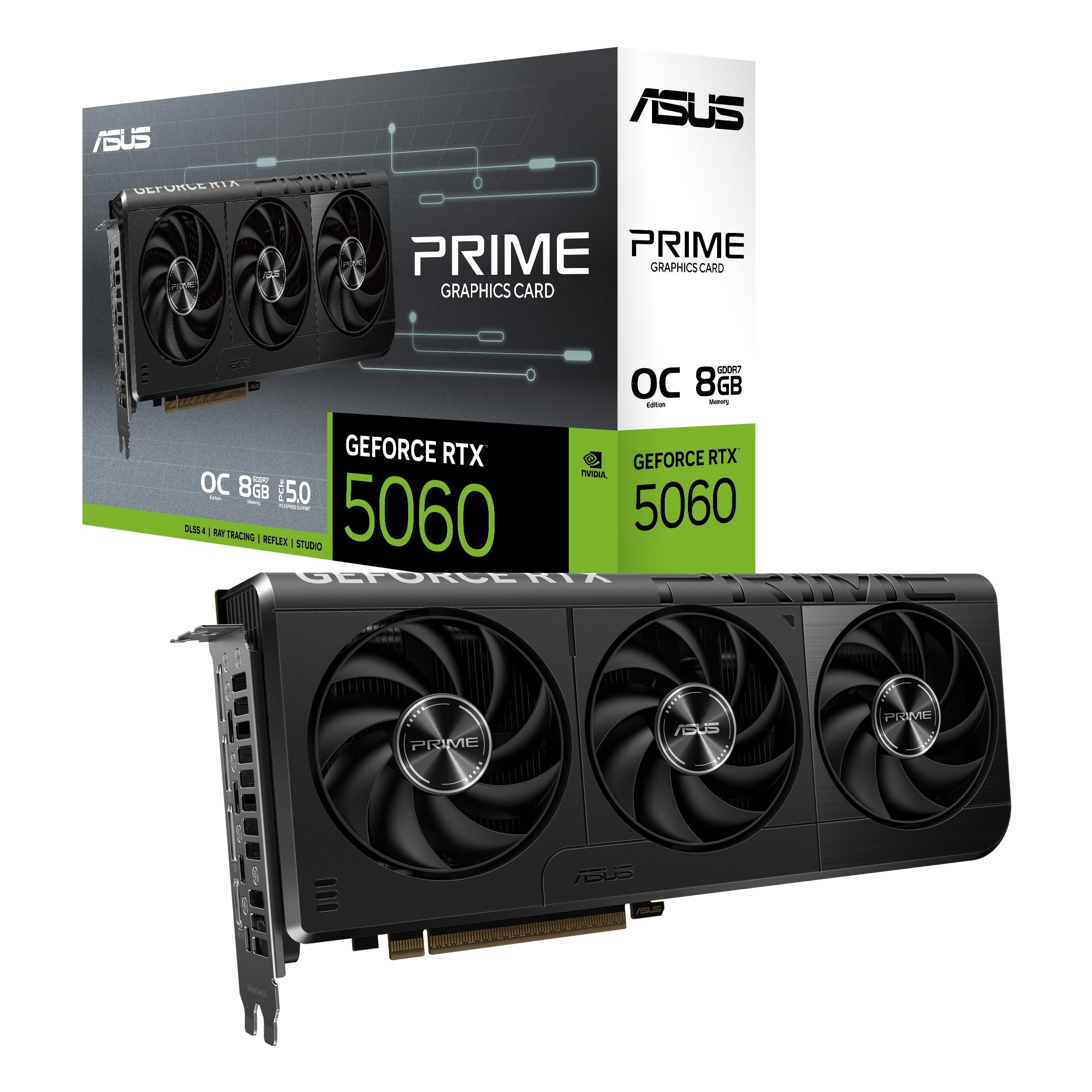 2026/06/1000415196.jpg ASUS PRIME GeForce RTX 5060 8GB GDDR7 OC Edition Graphics Card, 3840 Cuda Core, 2565MHz Engine Clock, 1x 8-pin, 2.5 Slot, PCI Express 5.0 - Image 1